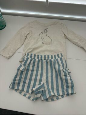 Cream Bunny Long-Sleeve Top with Blue-White Striped Shorts - Kids  Set